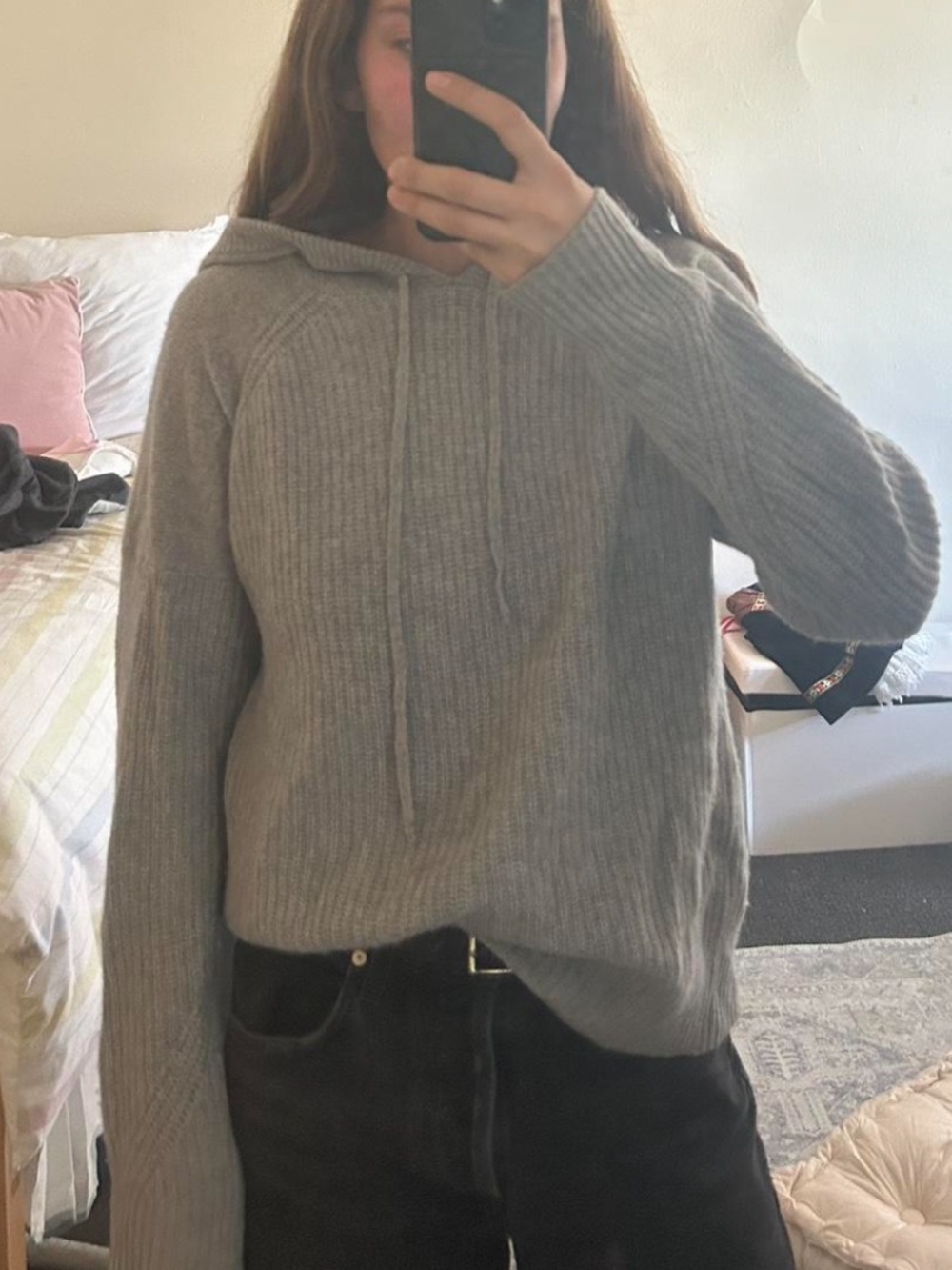 360 Cashmere Grey Ribbed Sweater Hoodie Size Small
